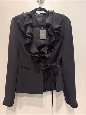 Black Ruffle-Trim Tie-Waist Suit with skirt